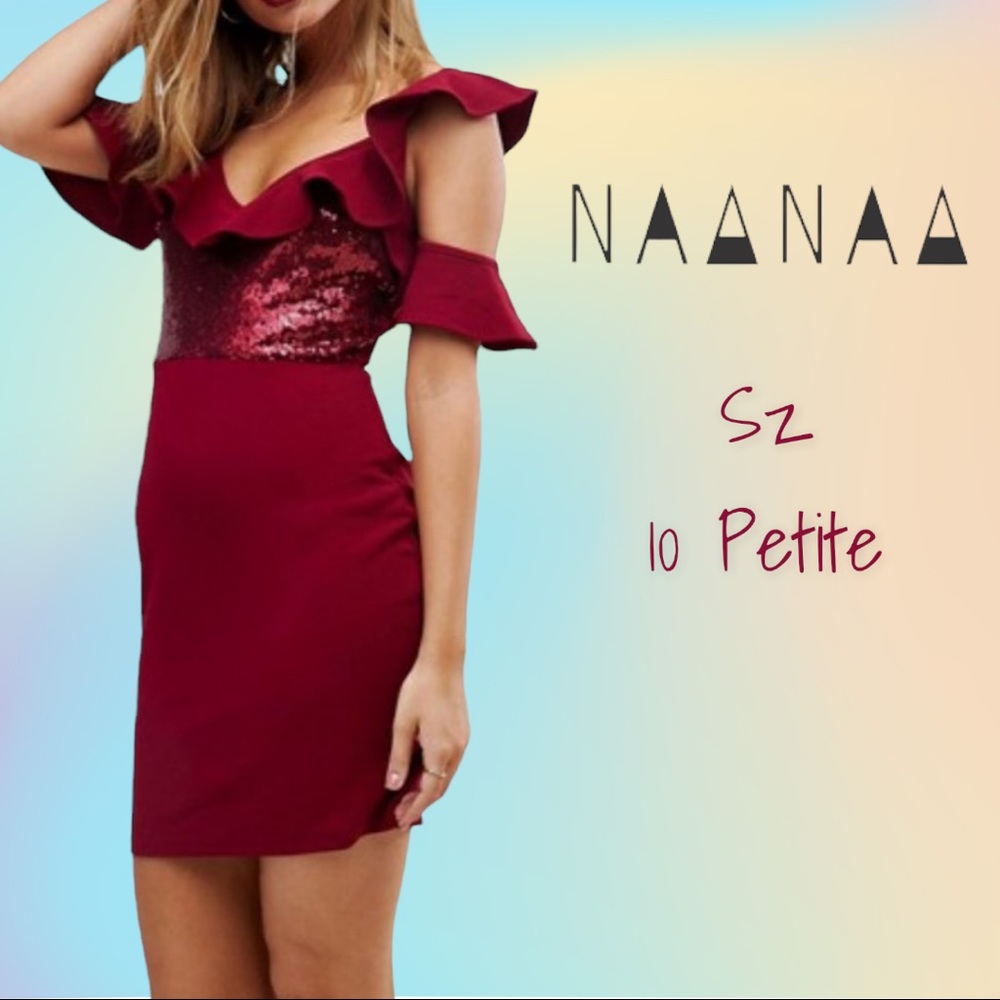 Burgundy/Red Naanaa Petite Sequins Frill Mini